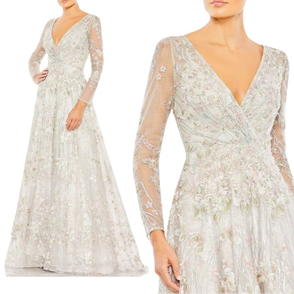 Mac Duggal 20402 Size 10 Floral Embroidered Gray Pink Long Sleeve Gown Dress